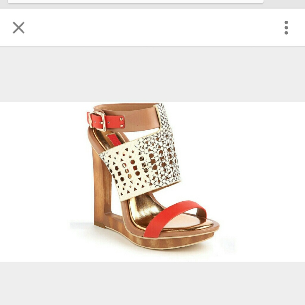 BCBGMaxAzria Tan, Cream & Coral Wedge Sandals